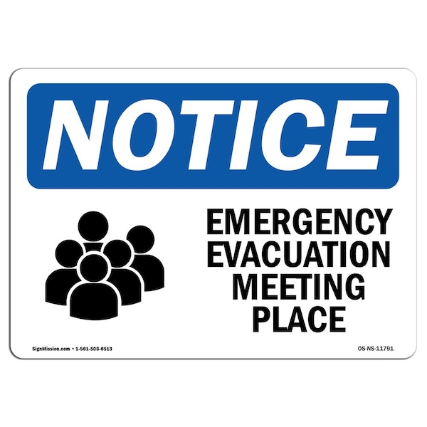 OSHA Sign, 18" H, Rigid Plastic, Emergency Evacuation Meeting Place Sign With Symbol, Landscape
